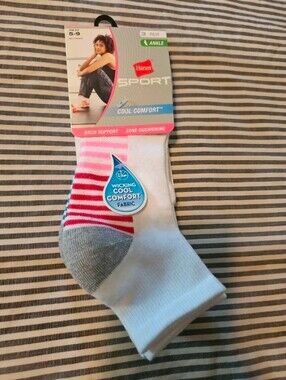 Hanes White Ankle Socks with Pink & Red Stripes